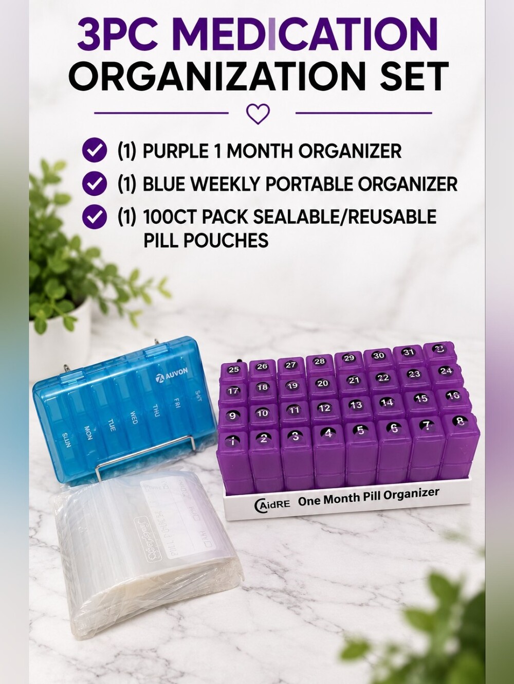 3PC Purple and Blue Medication Organizer Set